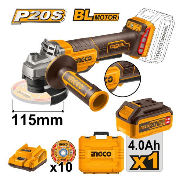 Amoladora Ingco 20v Con Baterías 4amp Valija Y Discos 115mm - Imagen 2