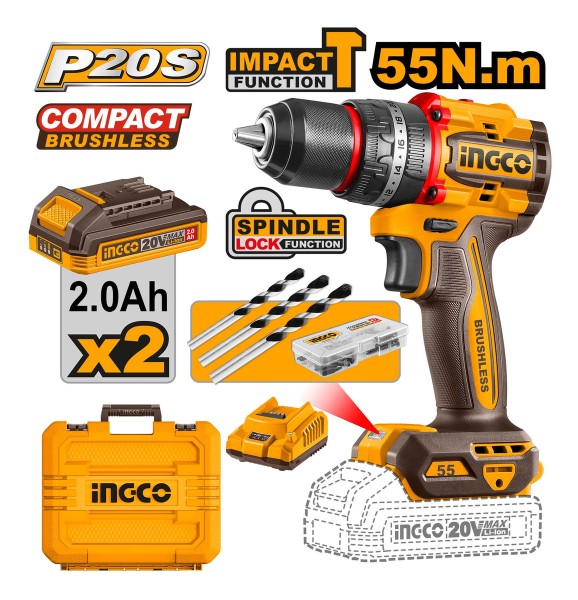 Atornillador Percutor 20v 55nm C/bat 13mm Ingco Brushles - Imagen 2