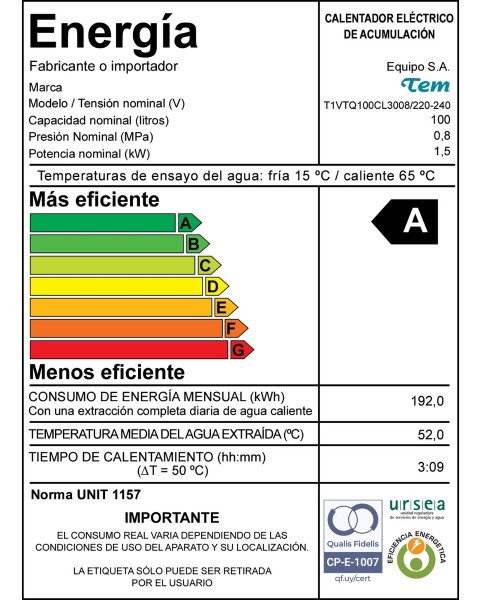 Termotanque De Acero Tem 100 L Eficiencia A Z3008 - Imagen 2