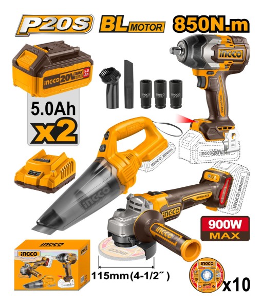 Kit Llave Impacto 850nm + Amoladora + Aspiradora Ingco - Imagen 2