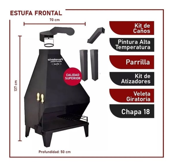 Estufa Frontal Leña Chapa 18 70x137cm Kit De Caños Incluido