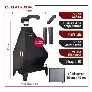 Estufa Frontal Leña Chapa 18 80x137 + Kit Caños + Chispero