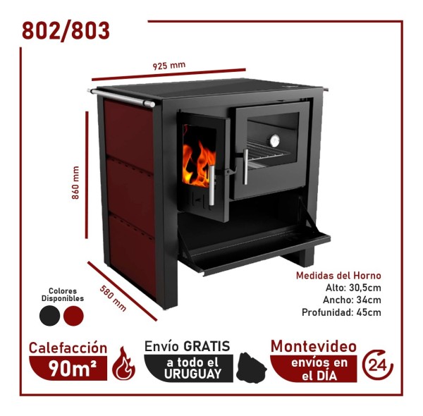 Cocina Calefactor Leña Ecologica Tapa Vitroceramica Roja - Imagen 3
