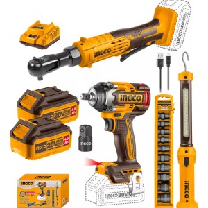 Combo Ingco Llave Impacto + Crique + Linterna + Accesorios