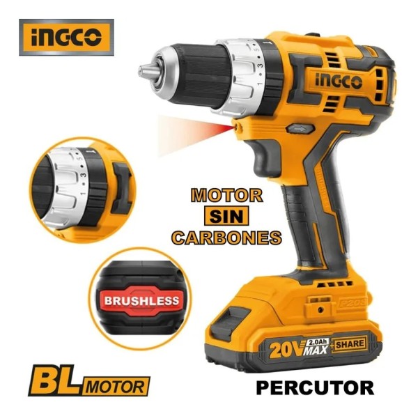 Taladro Atornillador 20v Sin Carbones Percutor 13mm Ingco Ci - Imagen 3