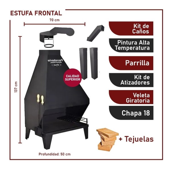 Estufa Frontal Leña Chapa 18 70x137 + Kit Caños 30 Tejuelas - Imagen 2