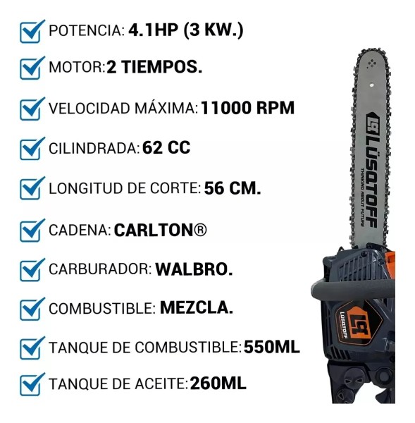 Motosierra A Nafta 62cc 4.1hp Espada22 Lusqtoff Profesional - Imagen 8