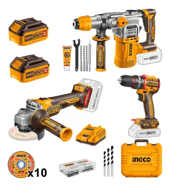 Kit Taladro Ator. Perc. + Amoladora + Roto Ingco Cosli241183